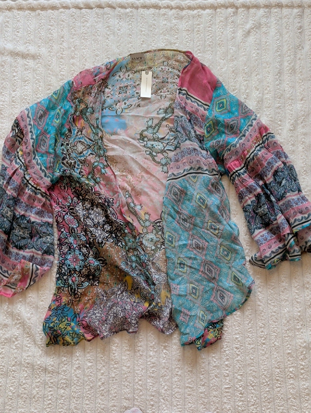 SAACHI Multicolor Floral Sheer Scarf — Pink & Turquoise Accents